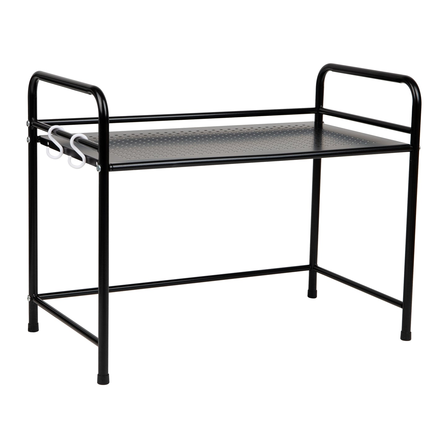 Mind Reader Elevate Collection, Microwave Oven Rack, Utility Shelf for Utensils, Cook Books, Towels, Pot Holders and Accessories, 2 Hooks, Metal, 23.5"L x 12.5"W x 18"H, Black