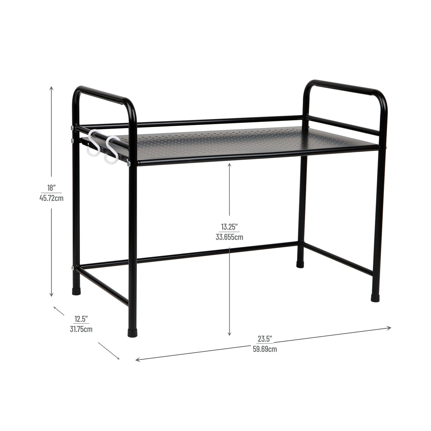 Mind Reader Elevate Collection, Microwave Oven Rack, Utility Shelf for Utensils, Cook Books, Towels, Pot Holders and Accessories, 2 Hooks, Metal, 23.5"L x 12.5"W x 18"H, Black