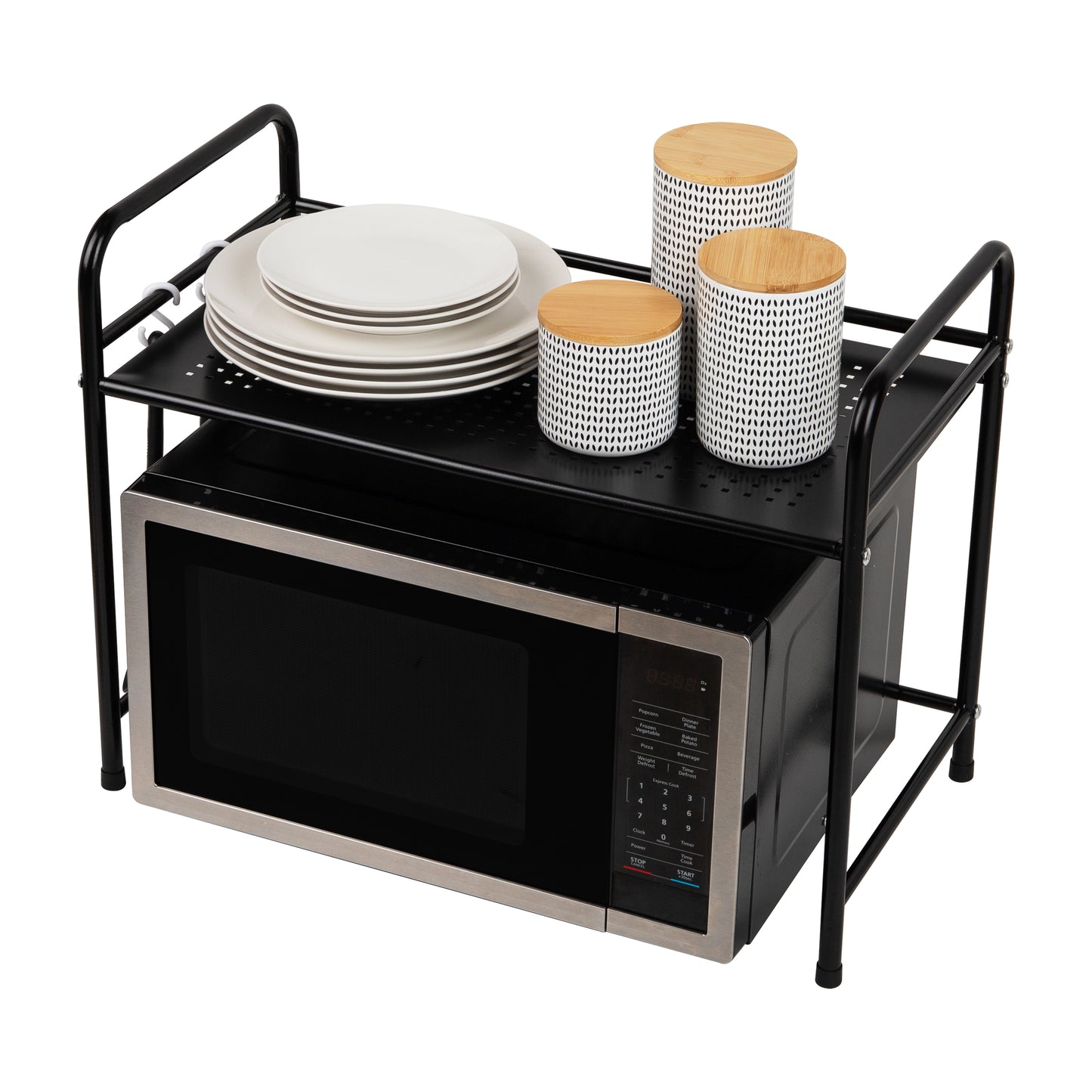 Mind Reader Elevate Collection, Microwave Oven Rack, Utility Shelf for Utensils, Cook Books, Towels, Pot Holders and Accessories, 2 Hooks, Metal, 23.5"L x 12.5"W x 18"H, Black