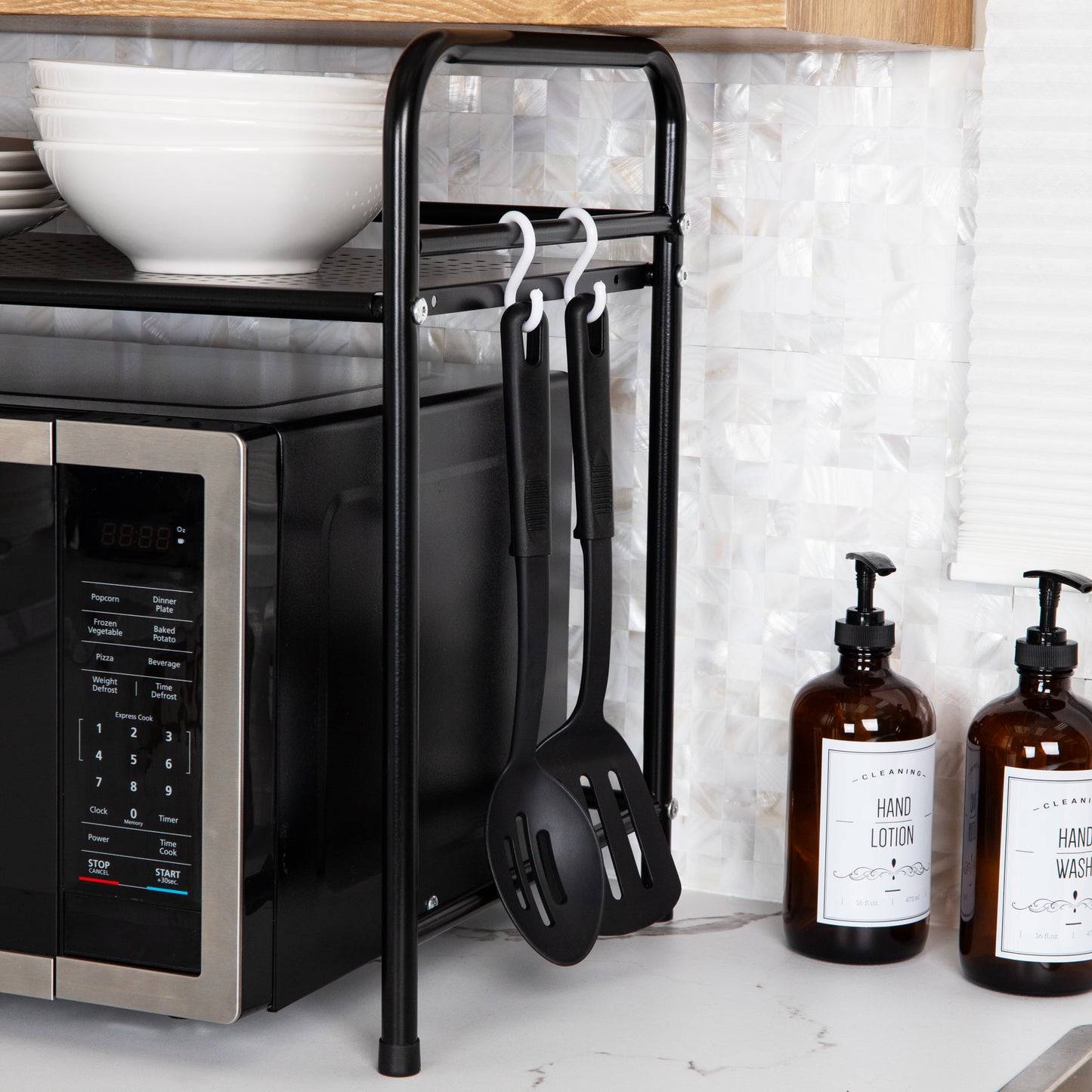 Mind Reader Elevate Collection, Microwave Oven Rack, Utility Shelf for Utensils, Cook Books, Towels, Pot Holders and Accessories, 2 Hooks, Metal, 23.5"L x 12.5"W x 18"H, Black