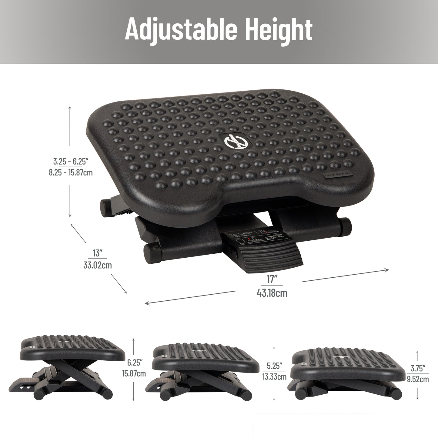 Mind Reader Foot Rest, Under Desk at Work, Ergonomic, Height Adjustable, Office, Plastic, 17"L x 13"W x 6.25"H
