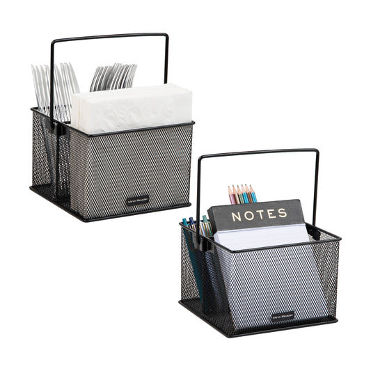 Mind Reader Multi-purpose Storage Caddy, Desktop Organizer, Cutlery Holder, Metal Mesh, Set of 2, Black