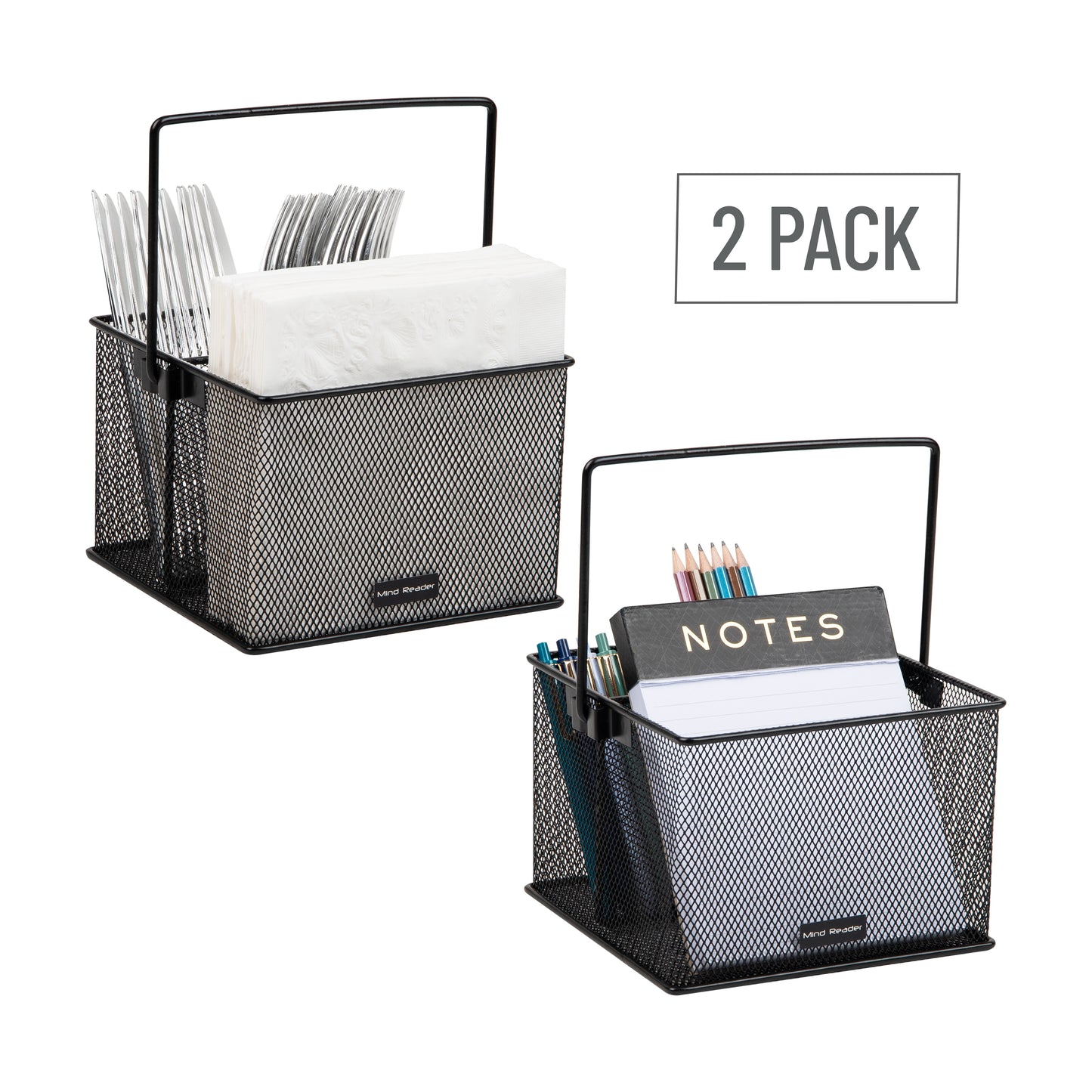Mind Reader Multi-purpose Storage Caddy, Desktop Organizer, Cutlery Holder, Metal Mesh, Set of 2, Black