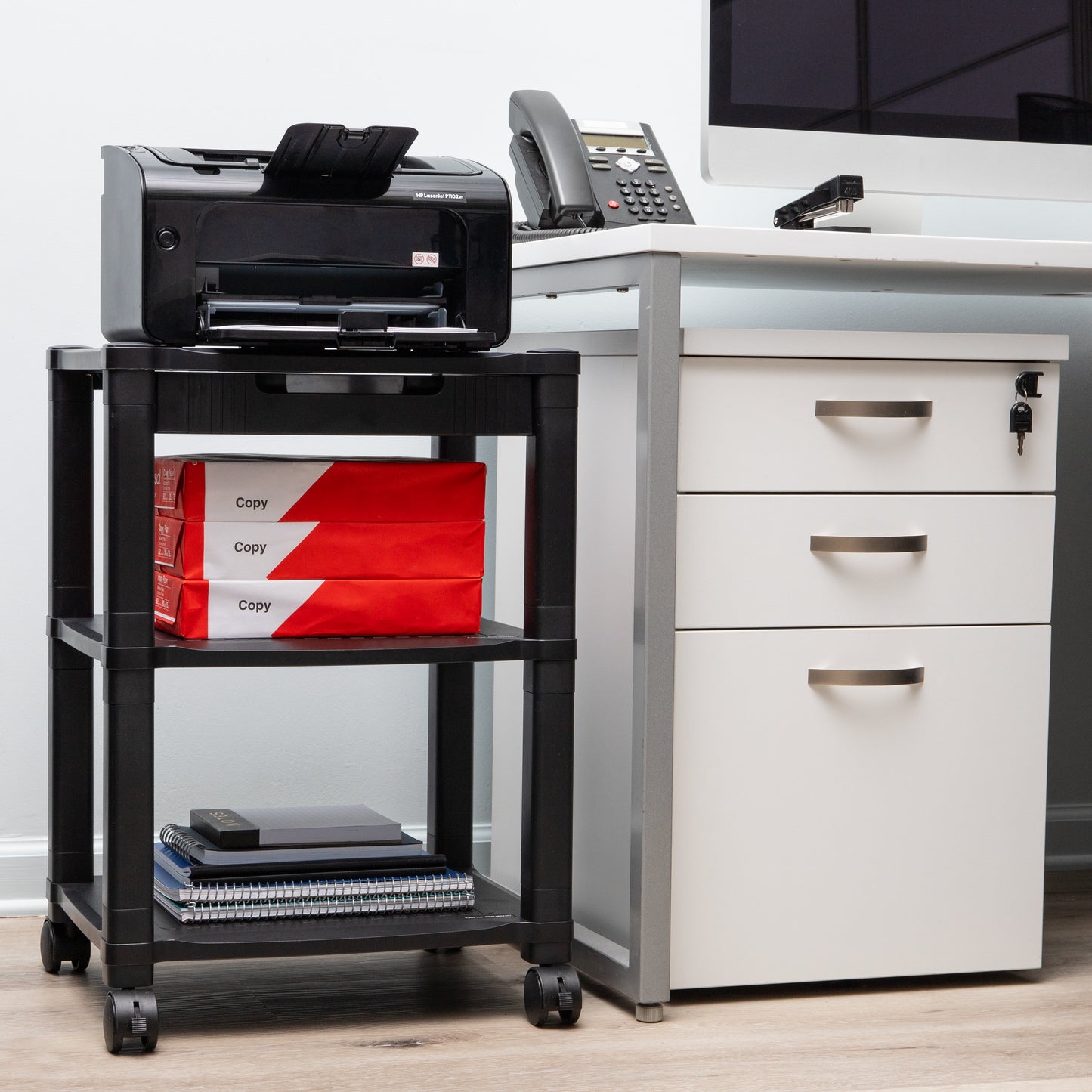 Mind Reader Anchor Collection, Mobile Printer Cart with 3-Tiers, Storage Drawer and Lockable Wheels, 75lb. Capacity, Black