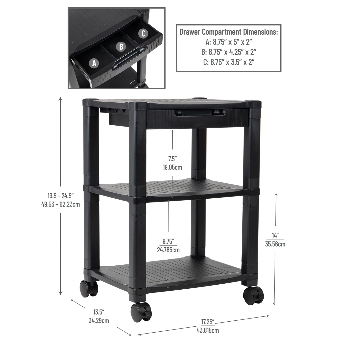 Mind Reader Anchor Collection, Mobile Printer Cart with 3-Tiers, Storage Drawer and Lockable Wheels, 75lb. Capacity, Black