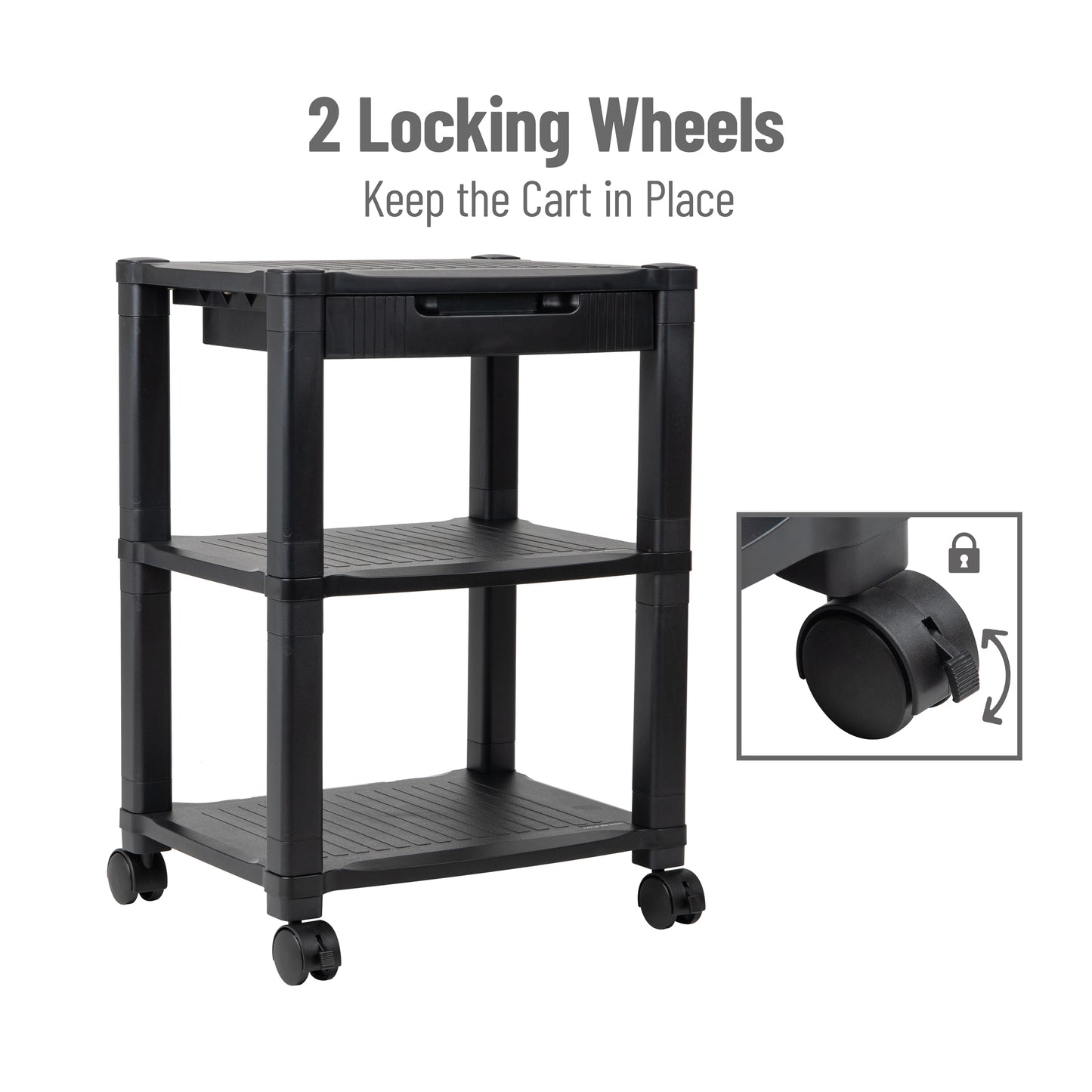 Mind Reader Anchor Collection, Mobile Printer Cart with 3-Tiers, Storage Drawer and Lockable Wheels, 75lb. Capacity, Black