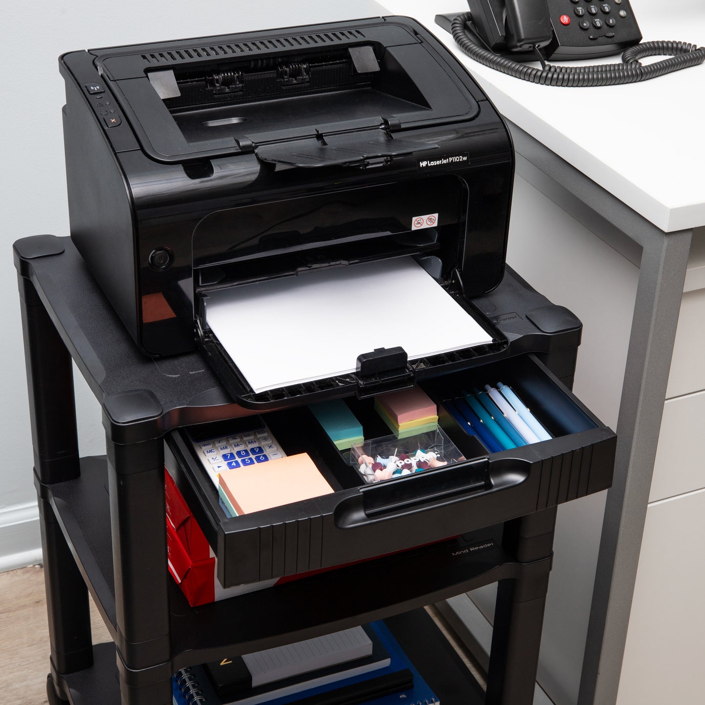Mind Reader Anchor Collection, Mobile Printer Cart with 3-Tiers, Storage Drawer and Lockable Wheels, 75lb. Capacity, Black