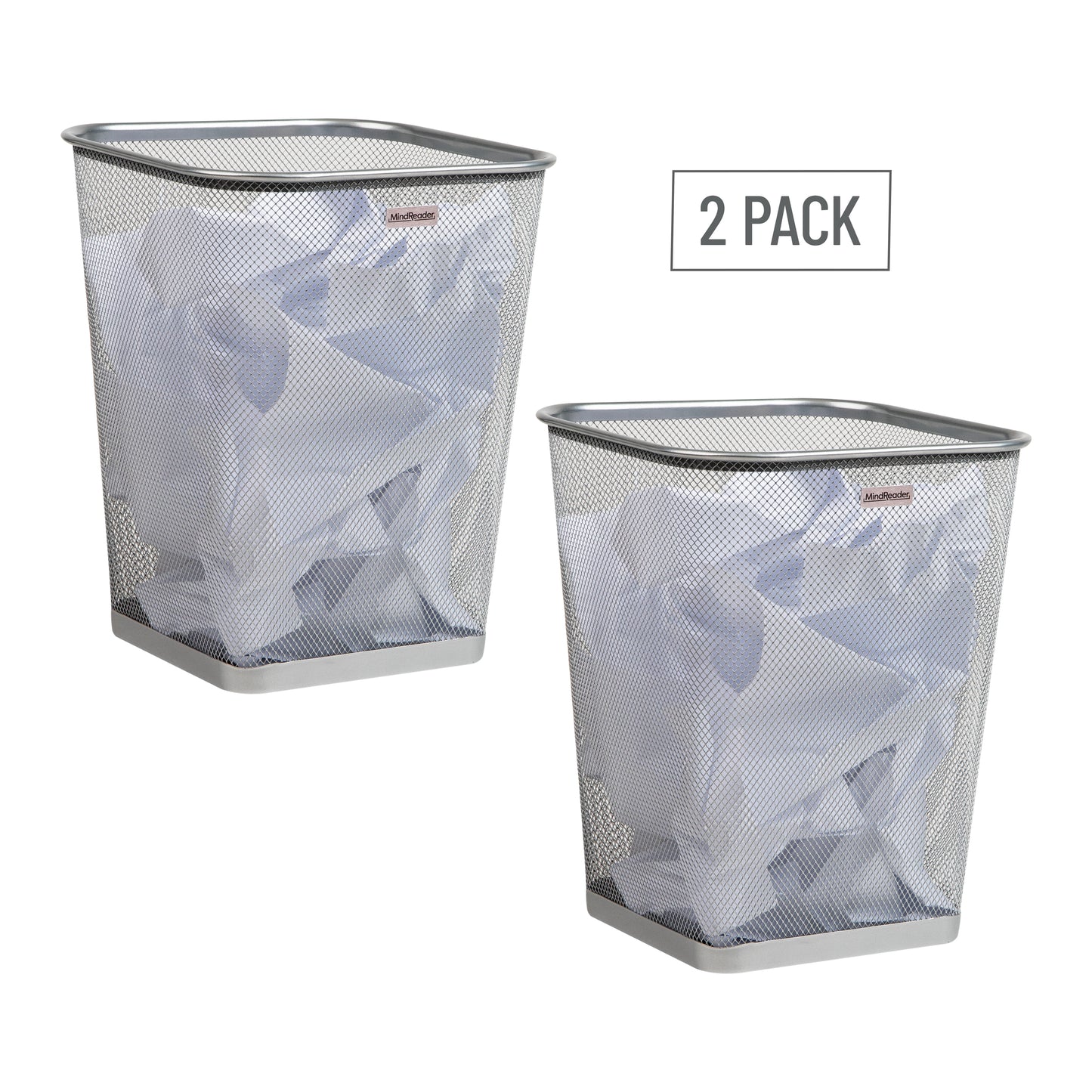 Mind Reader Mesh Trash Can, Waste Paper Basket, Square, Office, Metal Mesh, 9.75"L x 9.75"W x 12.25"H, Set of 2, Black
