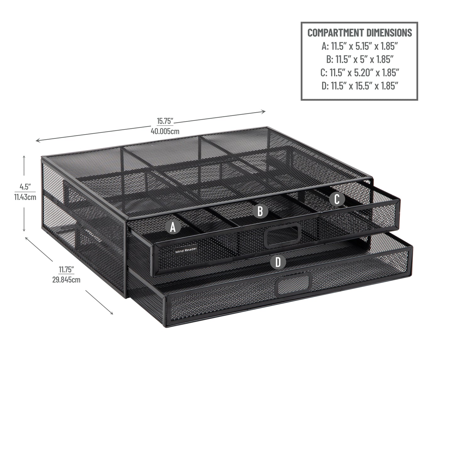 Mind Reader Monitor Stand, Ventilated Laptop Riser, Storage Drawer, Office, Metal Mesh, 15.75"L x 11.75"W x 4.5"H, Black