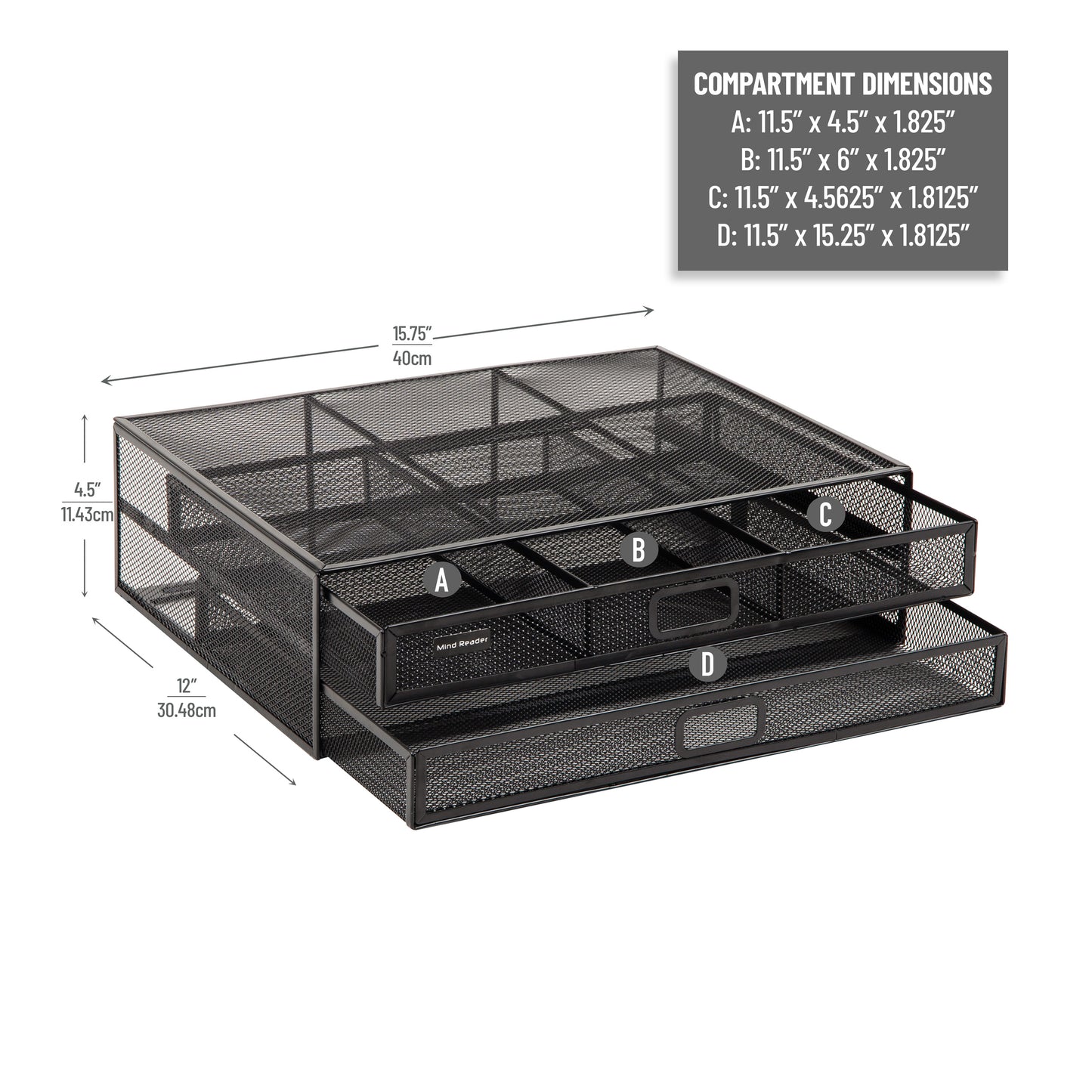 Mind Reader Monitor Stand, Ventilated Laptop Riser, Storage Drawer, Office, Metal Mesh, 15.75"L x 12"W x 4.5"H