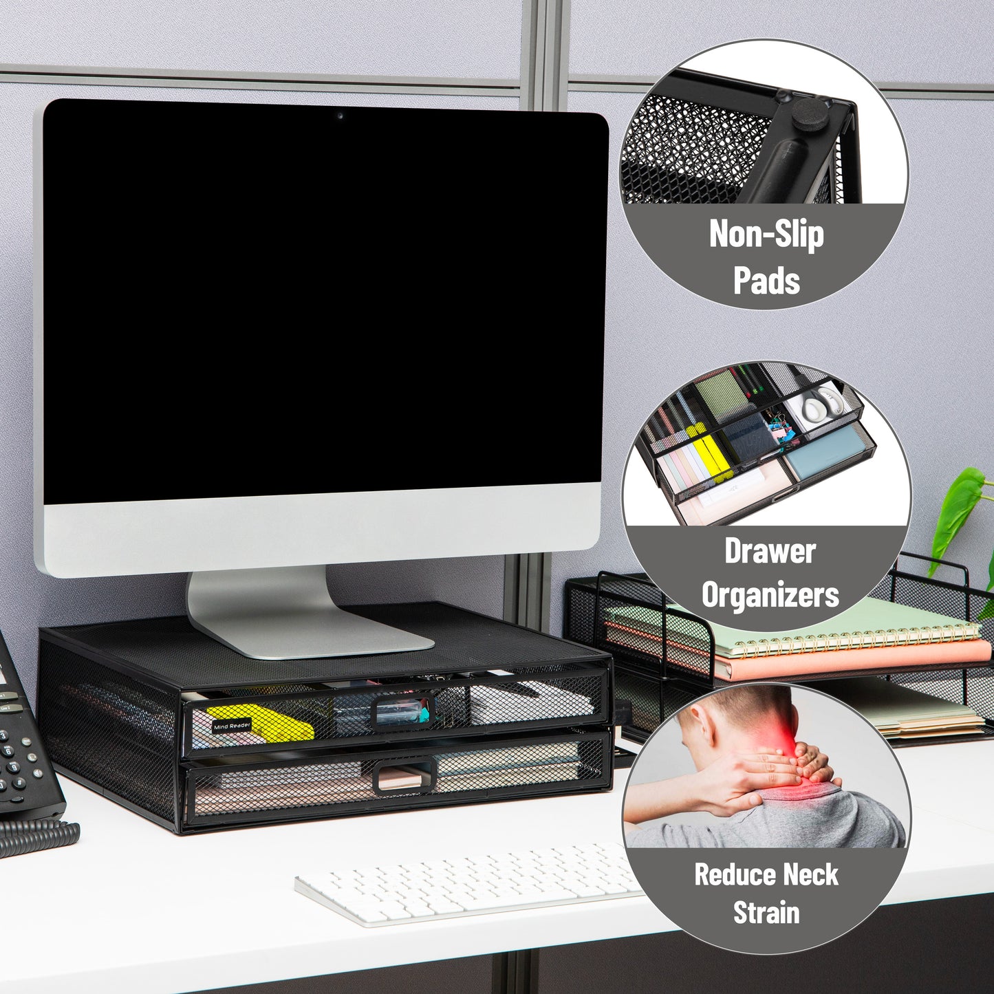 Mind Reader Monitor Stand, Ventilated Laptop Riser, Storage Drawer, Office, Metal Mesh, 15.75"L x 12"W x 4.5"H