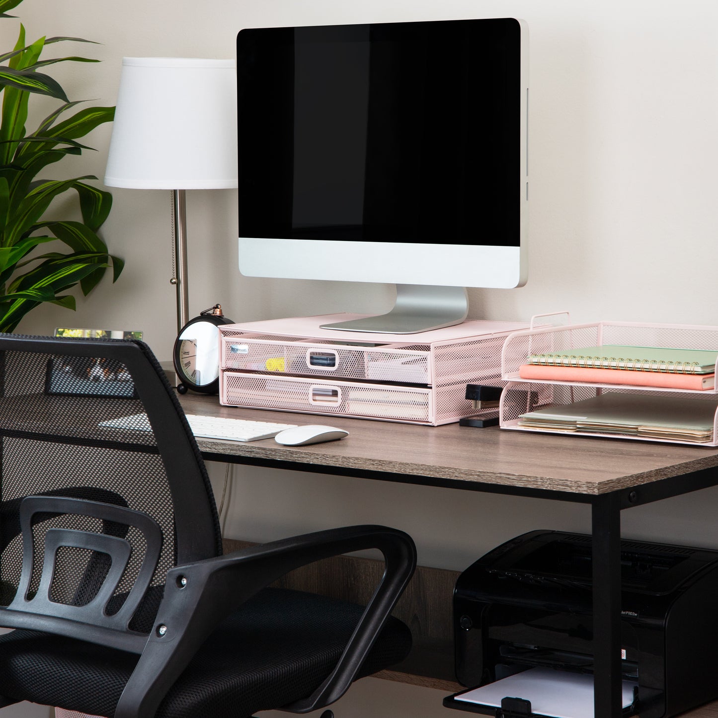 Mind Reader Mesh Monitor Stand with Storage Drawer, Ventilated Laptop Riser and Desktop Organizer, Office, Metal Mesh, Pink