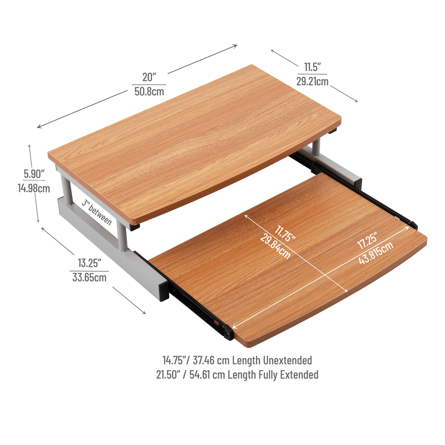 Mind Reader Monitor Stand, Sliding Keyboard Drawer, Laptop, Riser, Office, Wood,Metal, 20"L x 14.75"W x 5.9"H, Brown, Silver