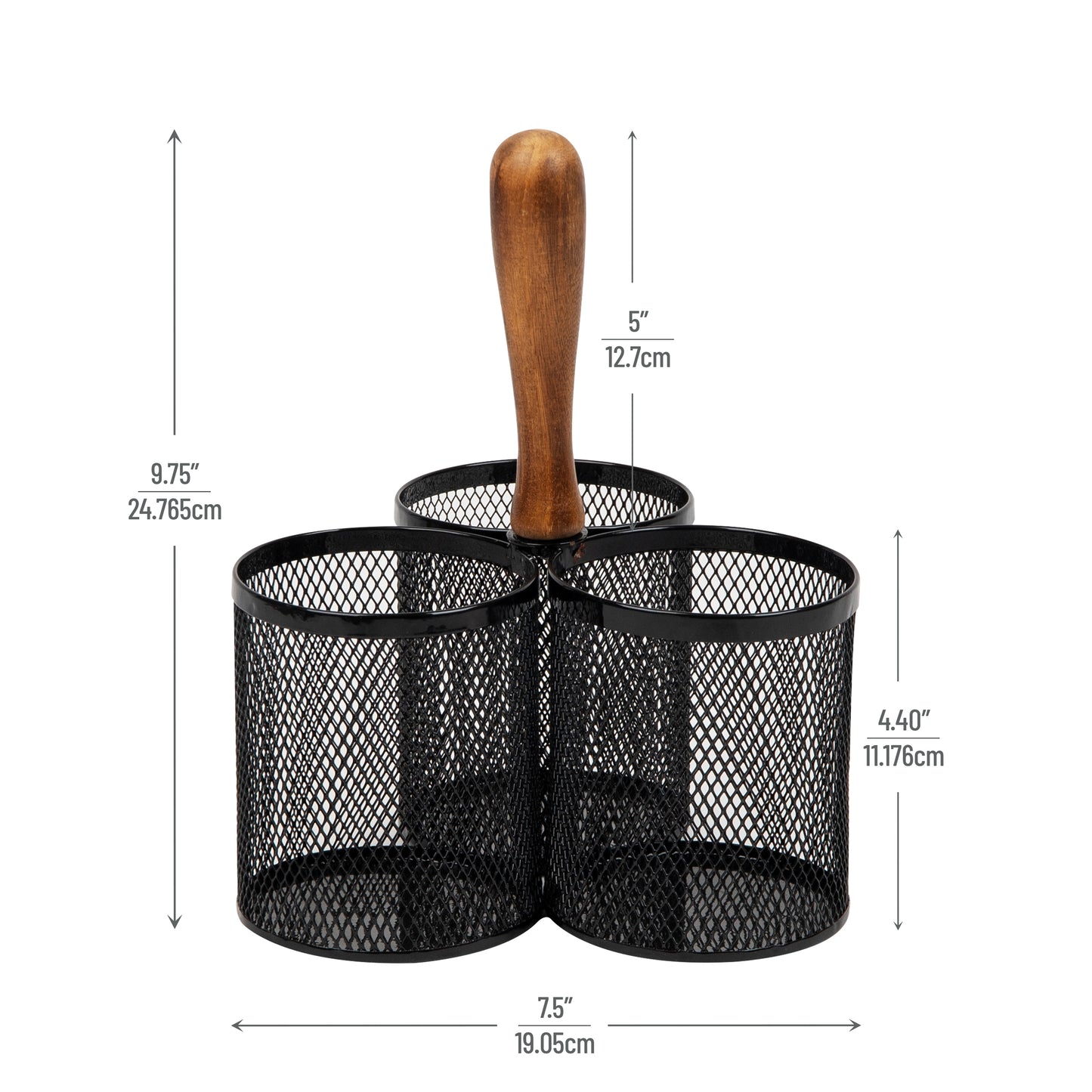 Mind Reader 3-Compartment Mesh Organizer Caddy with Wooden Handle, Multi-Purpose Desktop or Countertop Storage, Metal Mesh, Black