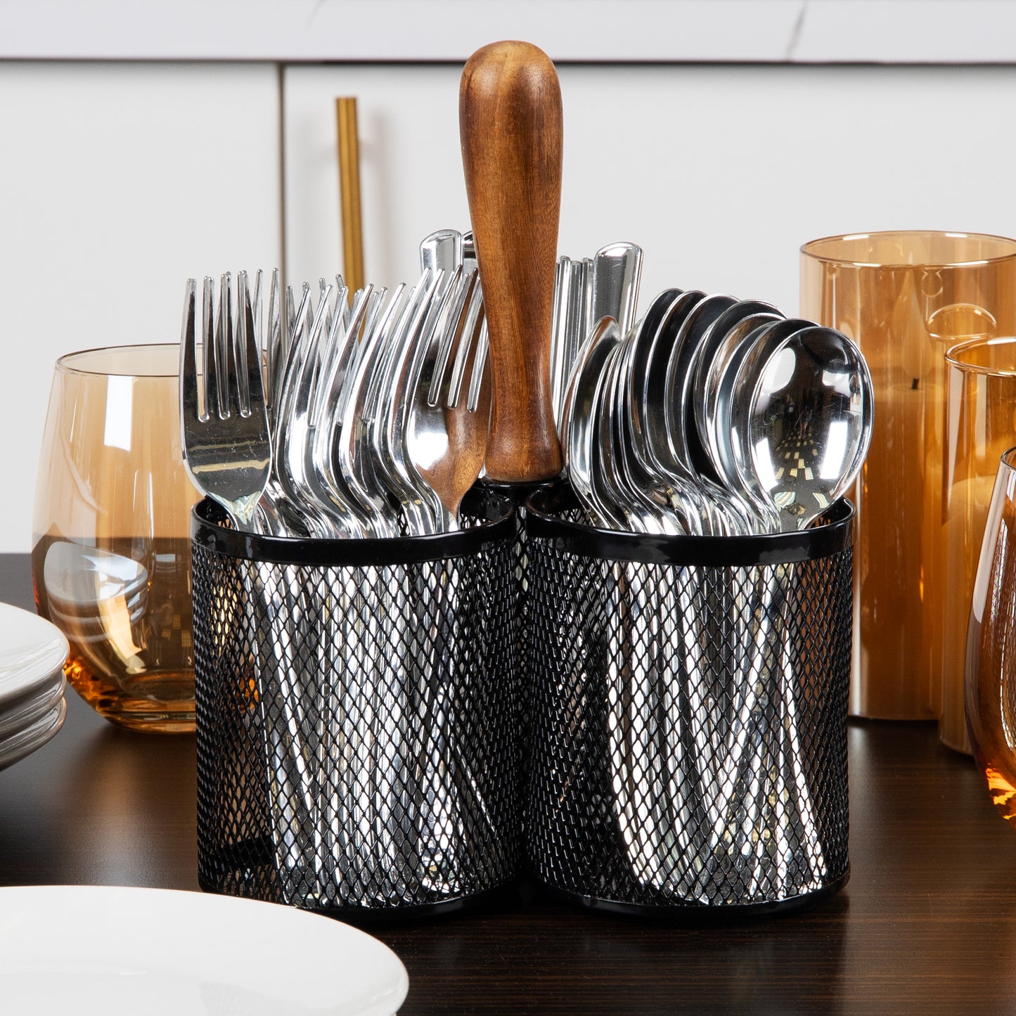 Mind Reader Utensil Holder, Silverware Organizer, Caddy, Cutlery Holder, Kitchen, Metal Mesh, 7.5"L x 7.5"W x 9.75"H, Black