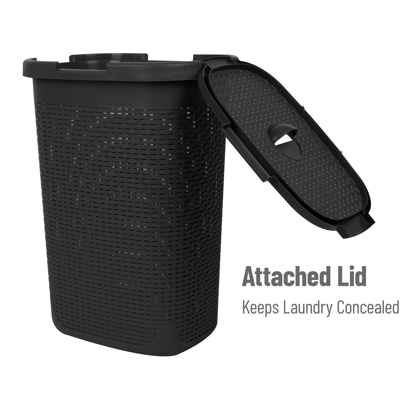 Mind Reader 60L Slim Laundry Hamper, Clothes Basket, Lid, Wicker Design, Plastic, 17.65"L x 13.75"W x 24.15"H