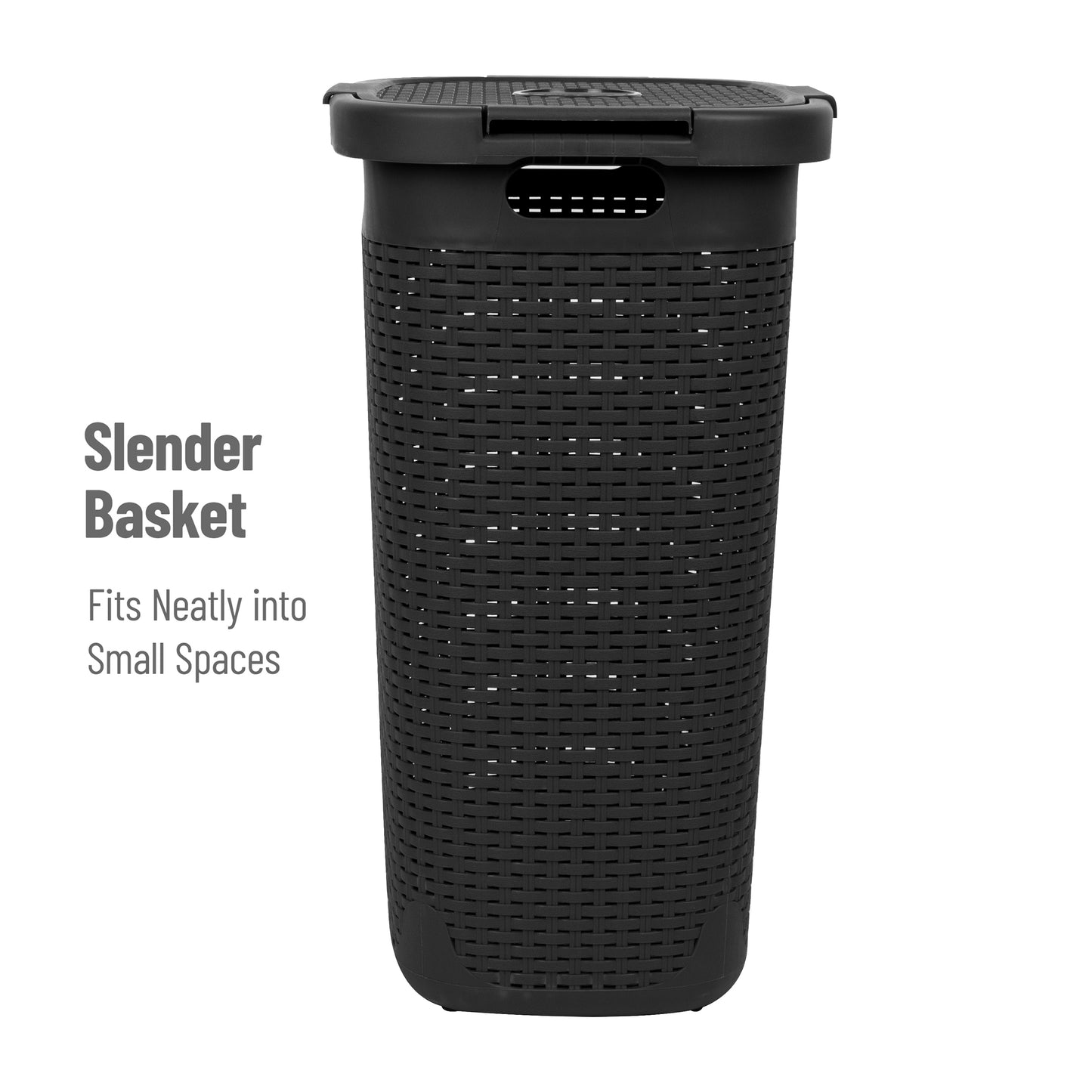 Mind Reader 60L Slim Laundry Hamper, Clothes Basket, Lid, Wicker Design, Plastic, 17.65"L x 13.75"W x 24.15"H