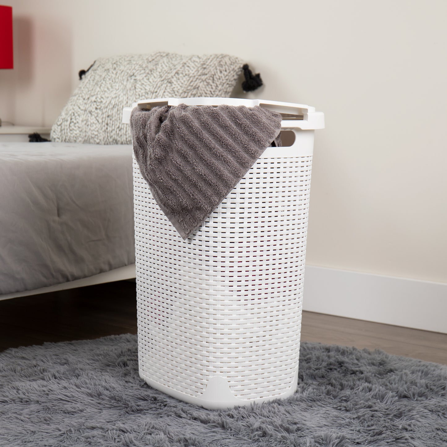 Mind Reader 60L Slim Laundry Hamper, Clothes Basket, Lid, Wicker Design, Plastic, 17.65"L x 13.75"W x 24.15"H