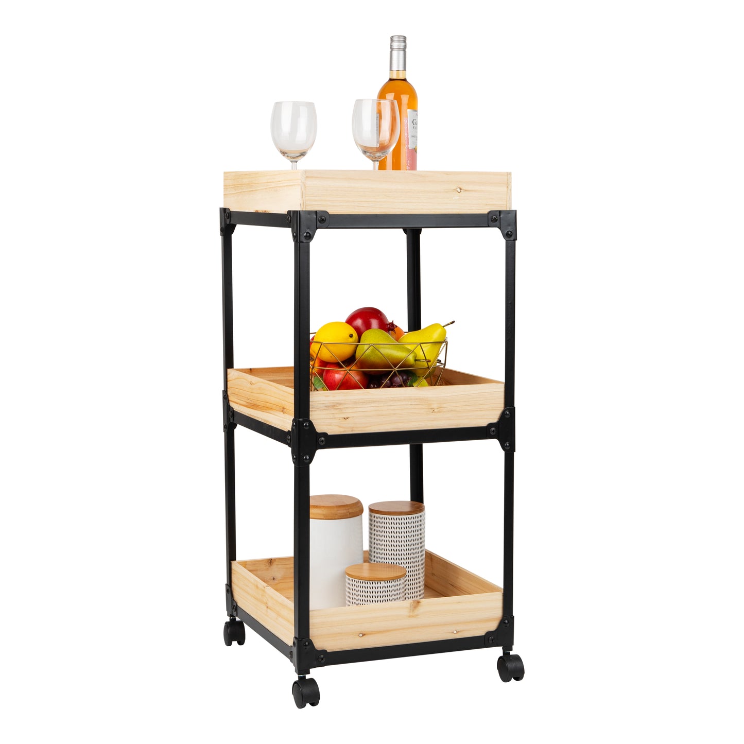 Mind Reader Woodland Collection, Rolling 3-Tier Cart with 3 Wooden Baskets, Utility Cart, Bar Cart, Omnidirectional Smooth Gliding Lockable Wheels, Wood and Metal, Brown