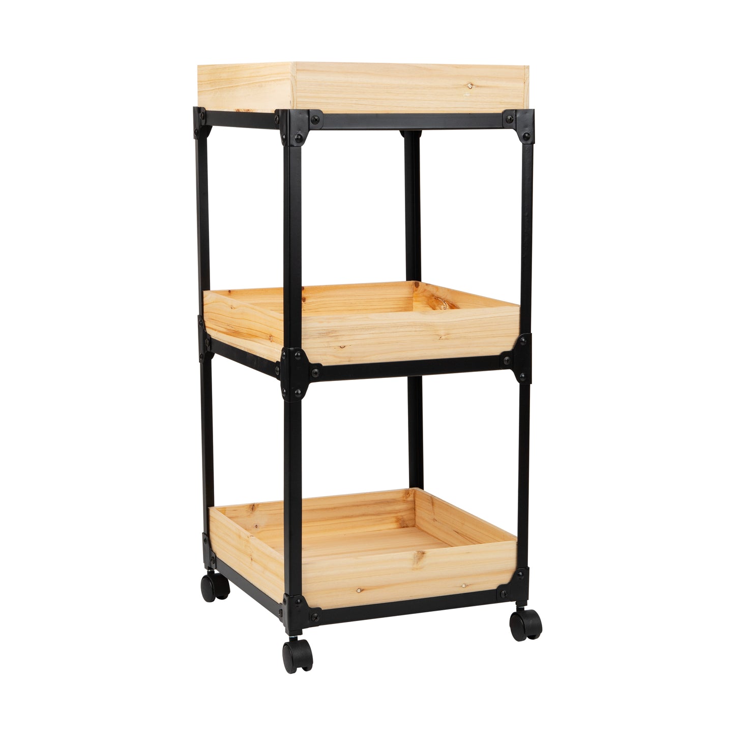 Mind Reader Woodland Collection, Rolling 3-Tier Cart with 3 Wooden Baskets, Utility Cart, Bar Cart, Omnidirectional Smooth Gliding Lockable Wheels, Wood and Metal, Brown