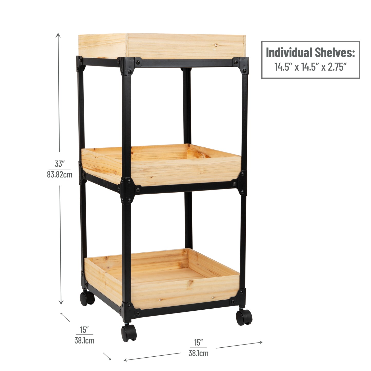 Mind Reader Woodland Collection, Rolling 3-Tier Cart with 3 Wooden Baskets, Utility Cart, Bar Cart, Omnidirectional Smooth Gliding Lockable Wheels, Wood and Metal, Brown