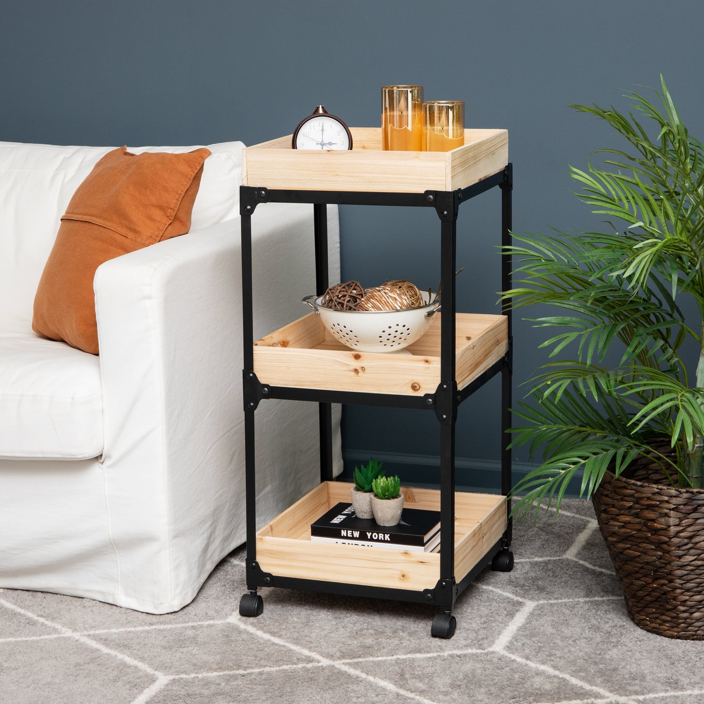 Mind Reader Woodland Collection, Rolling 3-Tier Cart with 3 Wooden Baskets, Utility Cart, Bar Cart, Omnidirectional Smooth Gliding Lockable Wheels, Wood and Metal, Brown