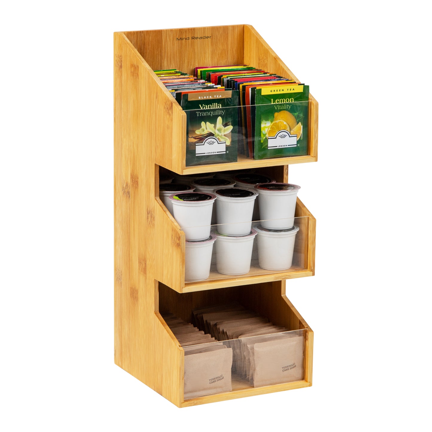Mind Reader Bali Collection, 3-Compartment, 3-Tier Bamboo Condiment Storage, Countertop Organizer, 6.5"L x 6.5"W x 15"H, Brown