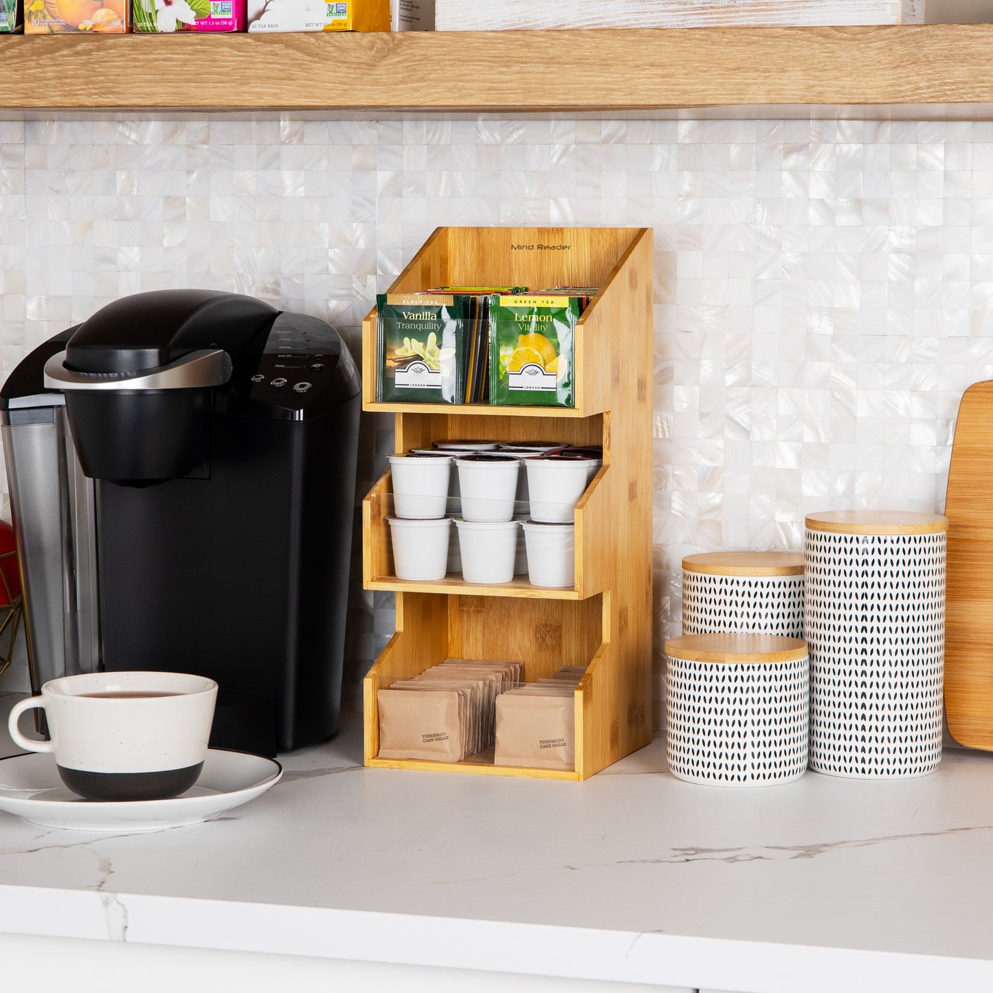 Mind Reader Coffee Condiment Station, Countertop Organizer, Coffee Bar, Rayon from Bamboo, 6.5"L x 6.5"W x 15"H, Brown