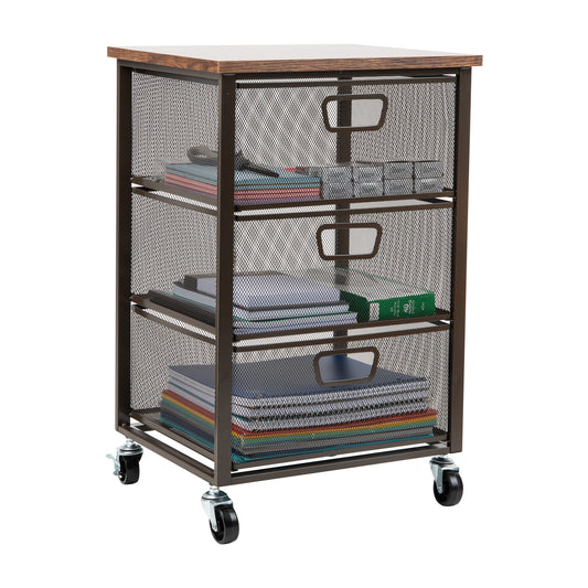 Mind Reader 3-Drawer Rolling Storage Cart, Office Organizer with Wood Top, Multipurpose Portable Cabinet with Wheels, Metal Mesh, Black