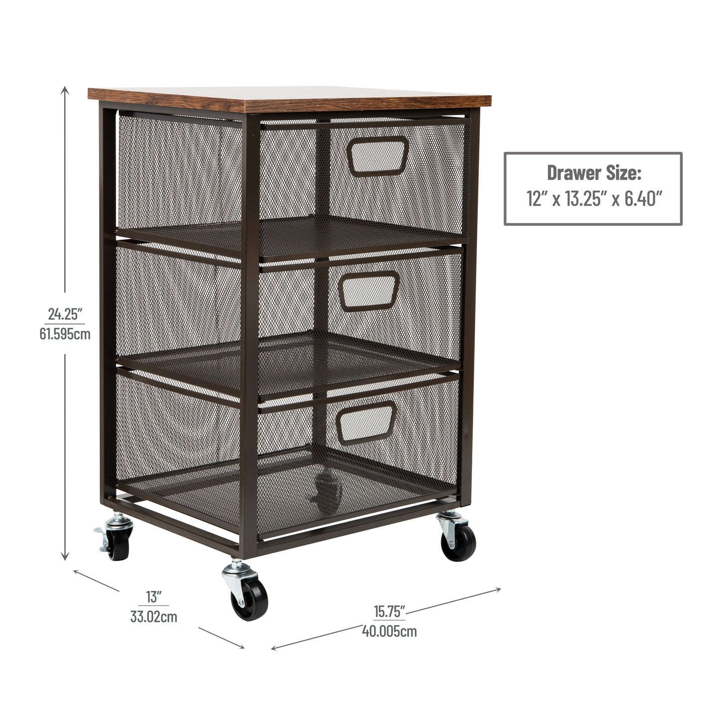 Mind Reader Cart with Drawers, Laundry Organizer, Storage, Bathroom, Kitchen, Metal Mesh, 15.75"L x 13"W x 24.25"H, Black