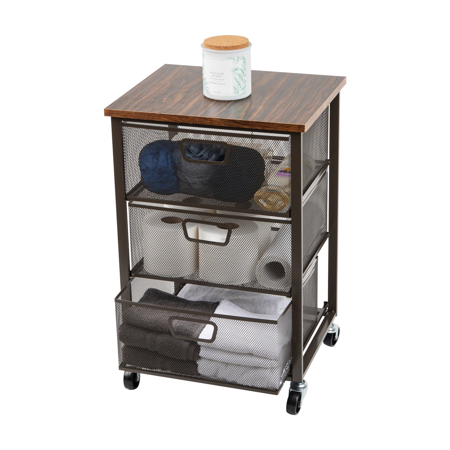 Mind Reader 3-Drawer Rolling Storage Cart, Office Organizer with Wood Top, Multipurpose Portable Cabinet with Wheels, Metal Mesh, Black