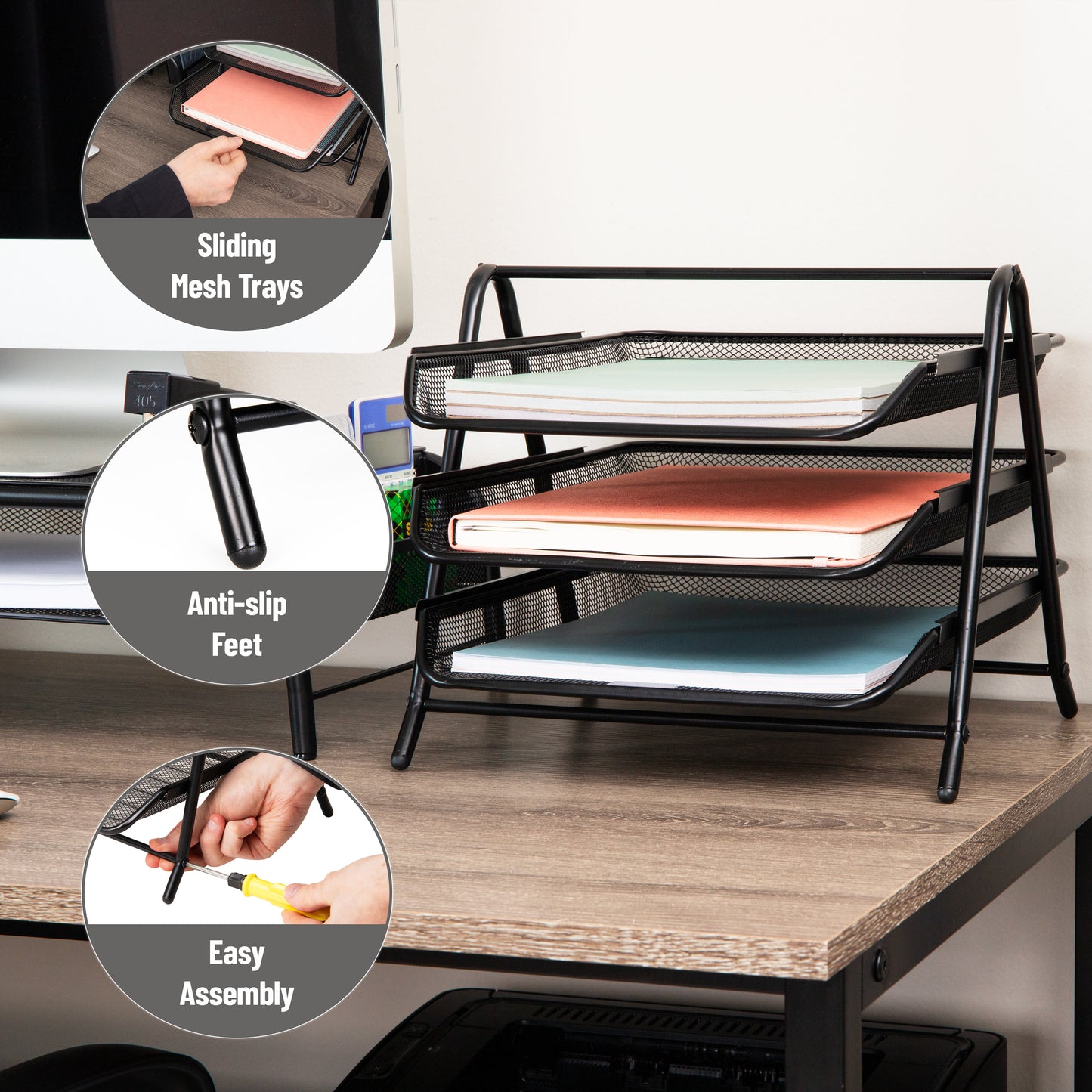 Mind Reader 3-Tier Paper Tray, Desktop Organizer, File Storage, Workspace, Office, Metal Mesh, 11.75"L x 13.75"W x 10"H