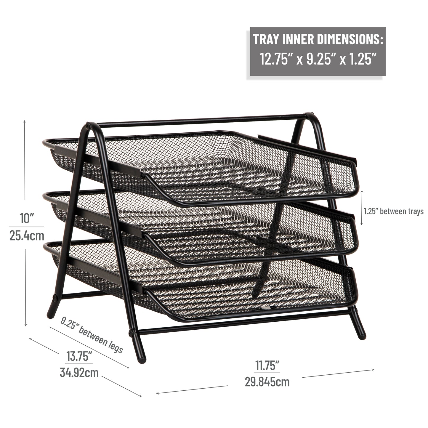 Mind Reader 3-Tier Paper Tray, Desktop Organizer, File Storage, Workspace, Office, Metal Mesh, 11.75"L x 13.75"W x 10"H