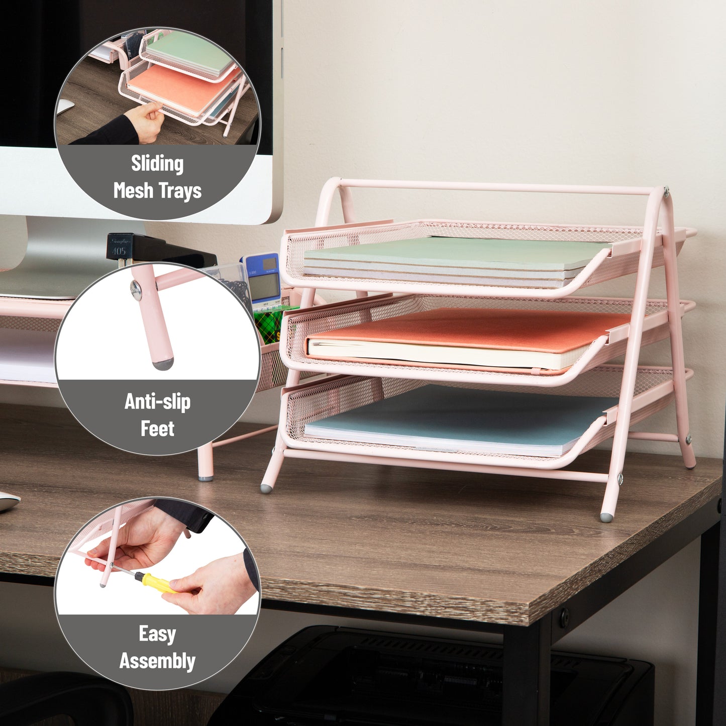 Mind Reader 3-Tier Paper Tray, Desktop Organizer, File Storage, Workspace, Office, Metal Mesh, 11.75"L x 13.75"W x 10"H