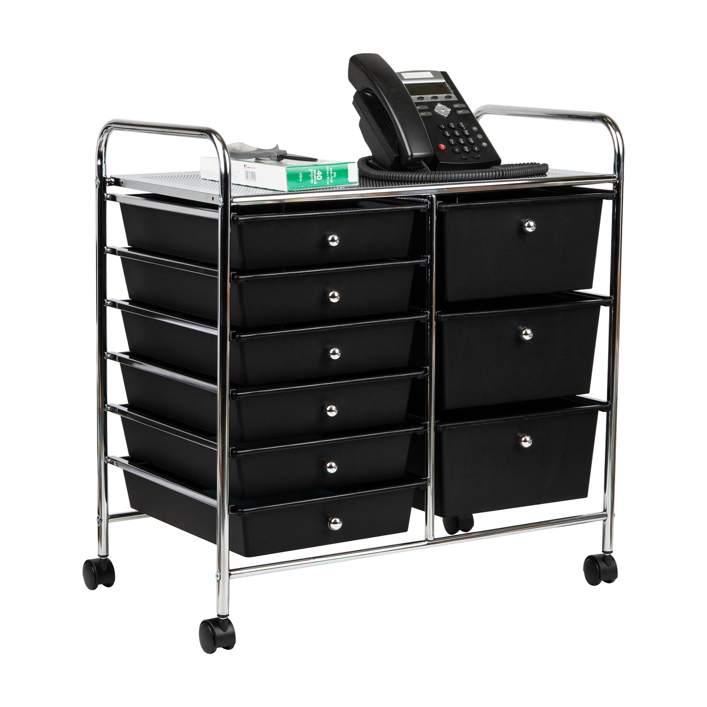 Mind Reader Elevate Collection, 3-Tier, 9-Drawer Mobile Utility Cart, Multi-Purpose, 360° Omnidirectional Casters, Removable Drawers, Metal and Plastic, 24.25"L x 15.25"W x 26.25"H, Black and Silver