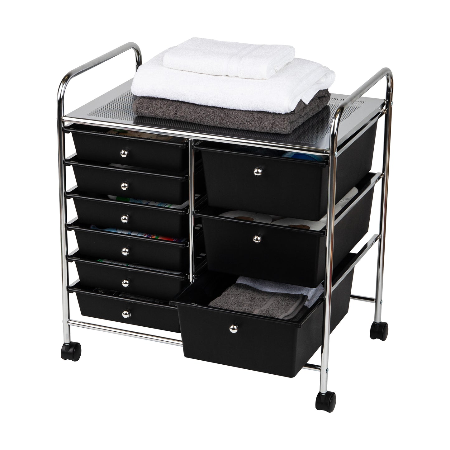 Mind Reader Elevate Collection, 3-Tier, 9-Drawer Mobile Utility Cart, Multi-Purpose, 360° Omnidirectional Casters, Removable Drawers, Metal and Plastic, 24.25"L x 15.25"W x 26.25"H, Black and Silver