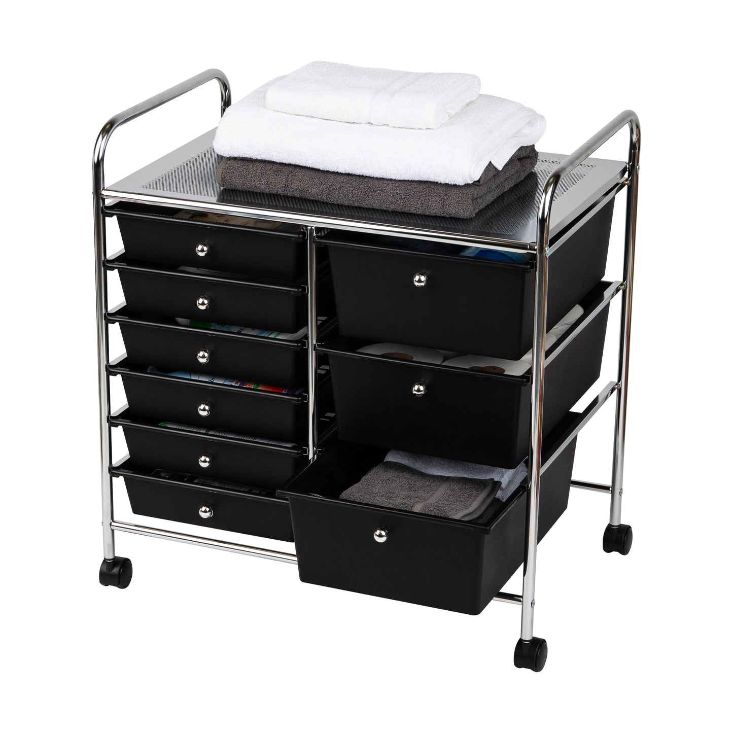 Mind Reader Rolling Cart with Drawers, Utility Cart, Craft Storage, Kitchen, Metal, 24.25"L x 15.25"W x26.25"H, Black, Silver