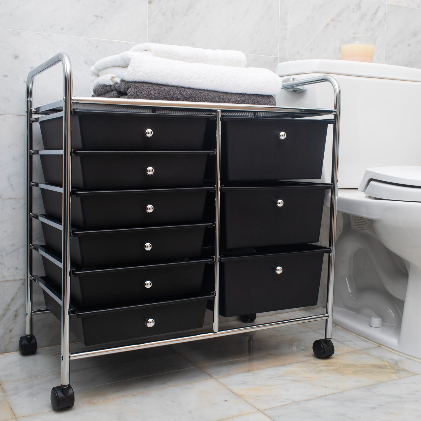 Mind Reader Elevate Collection, 3-Tier, 9-Drawer Mobile Utility Cart, Multi-Purpose, 360° Omnidirectional Casters, Removable Drawers, Metal and Plastic, 24.25"L x 15.25"W x 26.25"H, Black and Silver