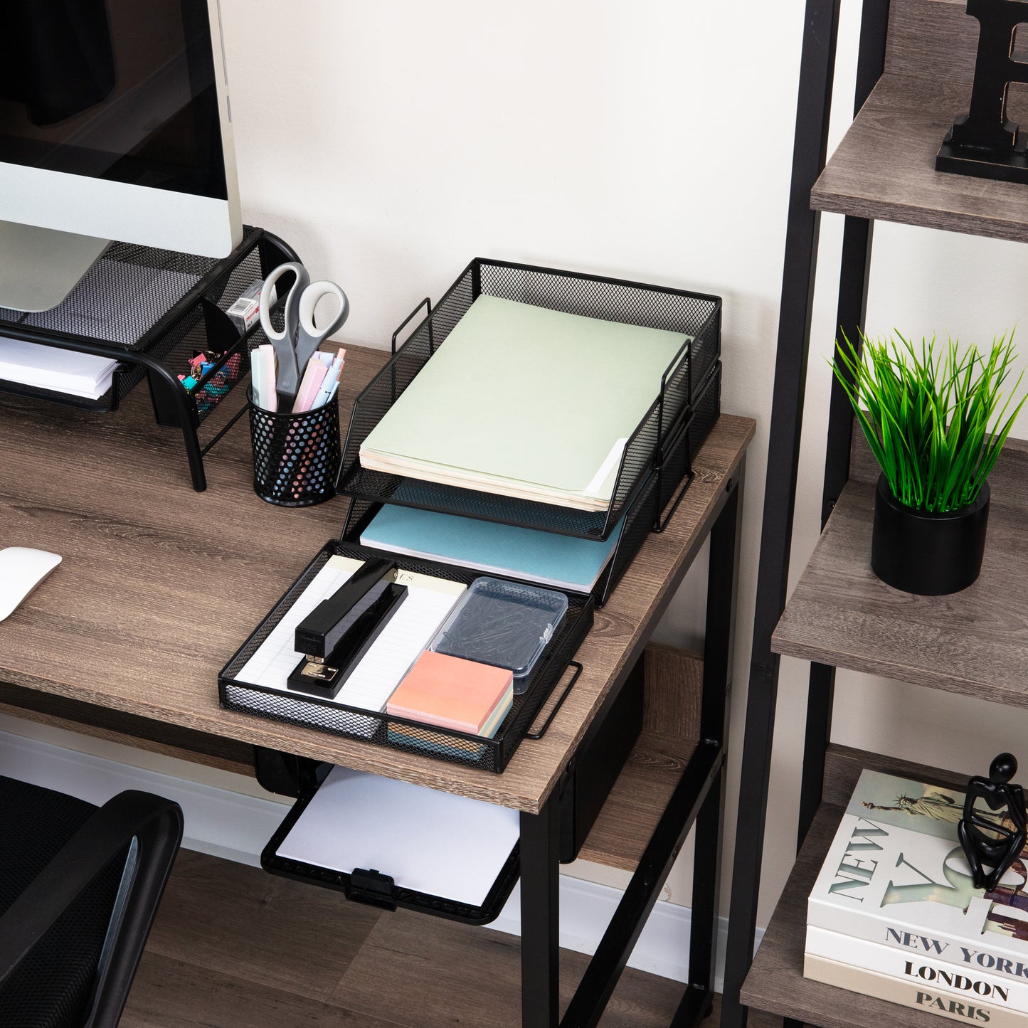 Mind Reader 2 Tier Paper Tray with Top Supply Compartment, Desktop File Organizer, Metal Mesh, Black