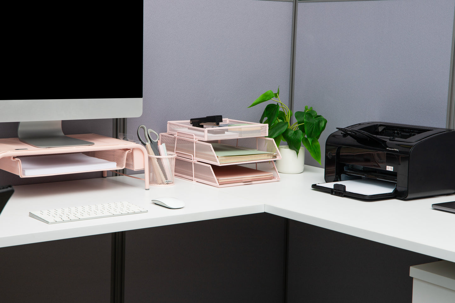 Mind Reader 2 Tier Paper Tray with Top Supply Compartment, Desktop File Organizer, Metal Mesh, Pink