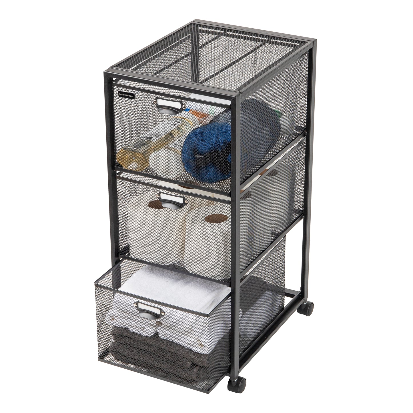 Mind Reader Cart with Drawers, Laundry Organizer, Utility Cart, Bathroom, Kitchen, Metal Mesh, Black