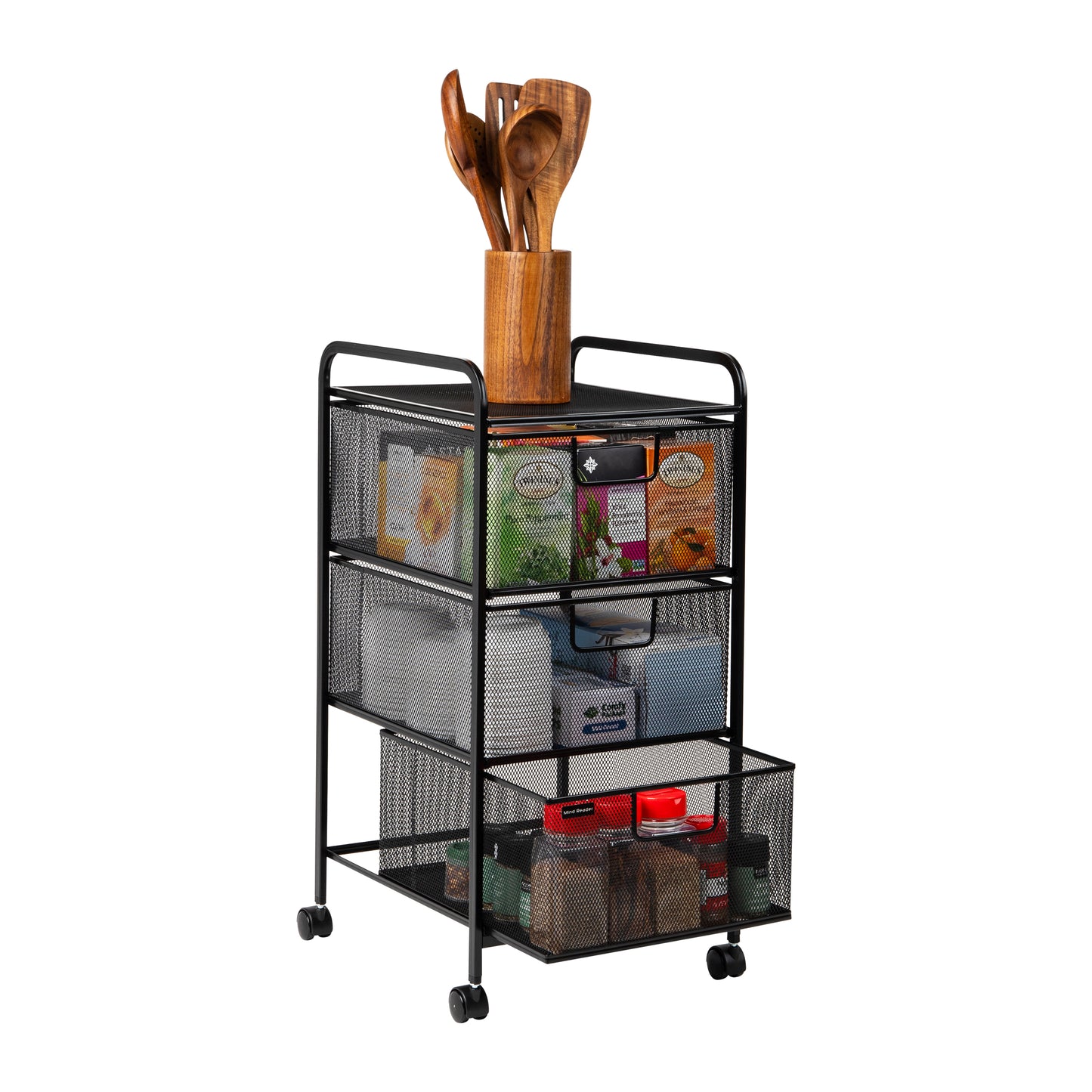 Mind Reader Rolling Storage Cart, Removable Drawers, Desk and Bathroom Organizer, Metal Mesh, 12.75"L x 13.25"W x 25"H, Black