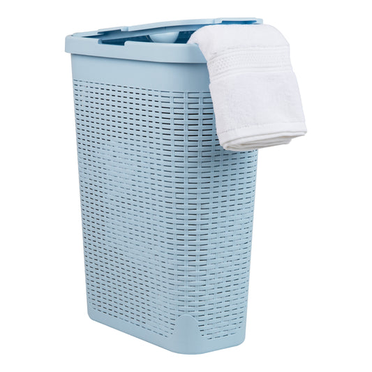 Mind Reader Slim Laundry Hamper with Lid, 40L Clothes Basket, Premium Wicker Design, Plastic