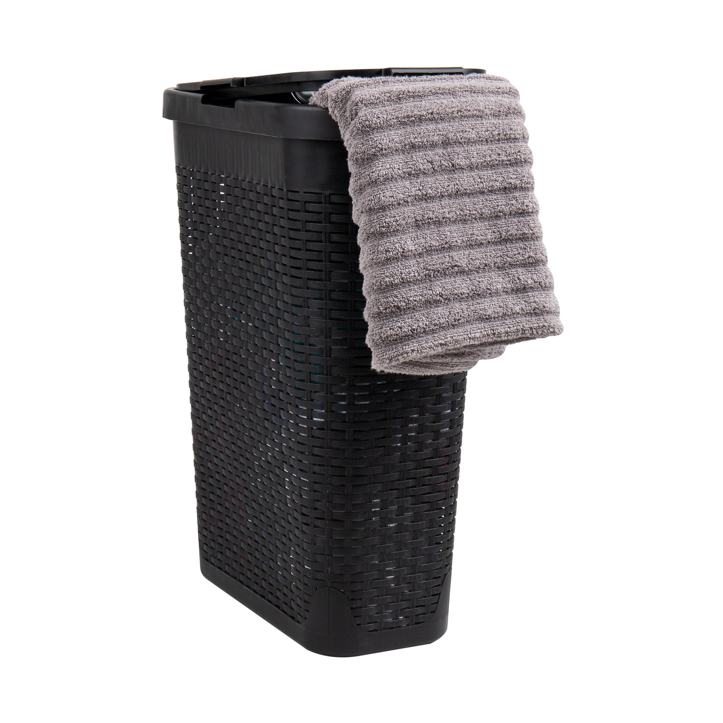 Mind Reader Slim Laundry Hamper with Lid, 40L Clothes Basket, Premium Wicker Design, Plastic
