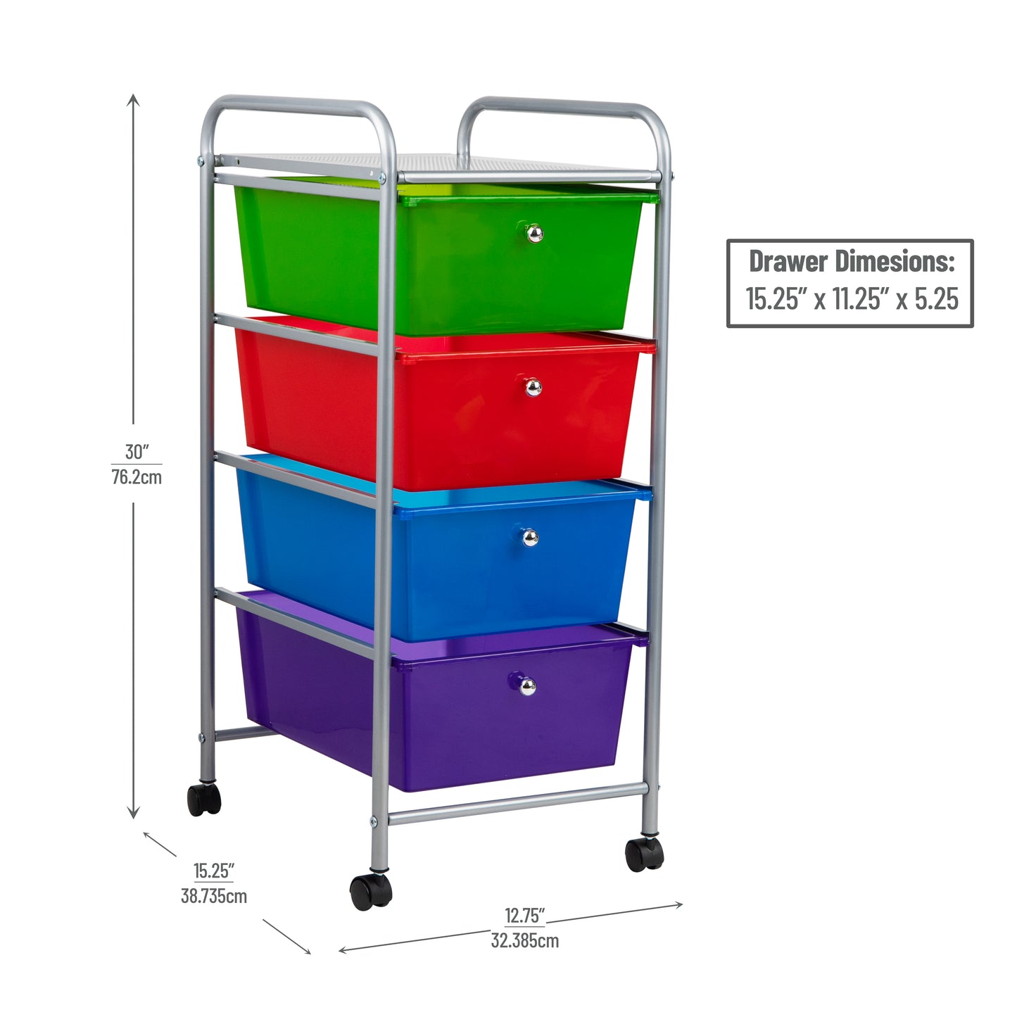 Mind Reader Rolling Cart with Drawers, Utility Cart, Craft Storage, Kitchen, Metal, 12.75"L x 15.25"W x 30"H, Multi-color