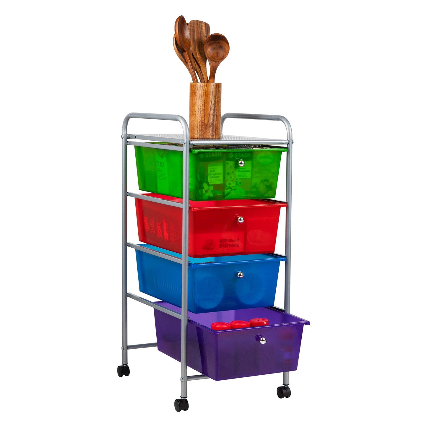 Mind Reader Rolling Cart with Drawers, Utility Cart, Craft Storage, Kitchen, Metal, 12.75"L x 15.25"W x 30"H, Multi-color