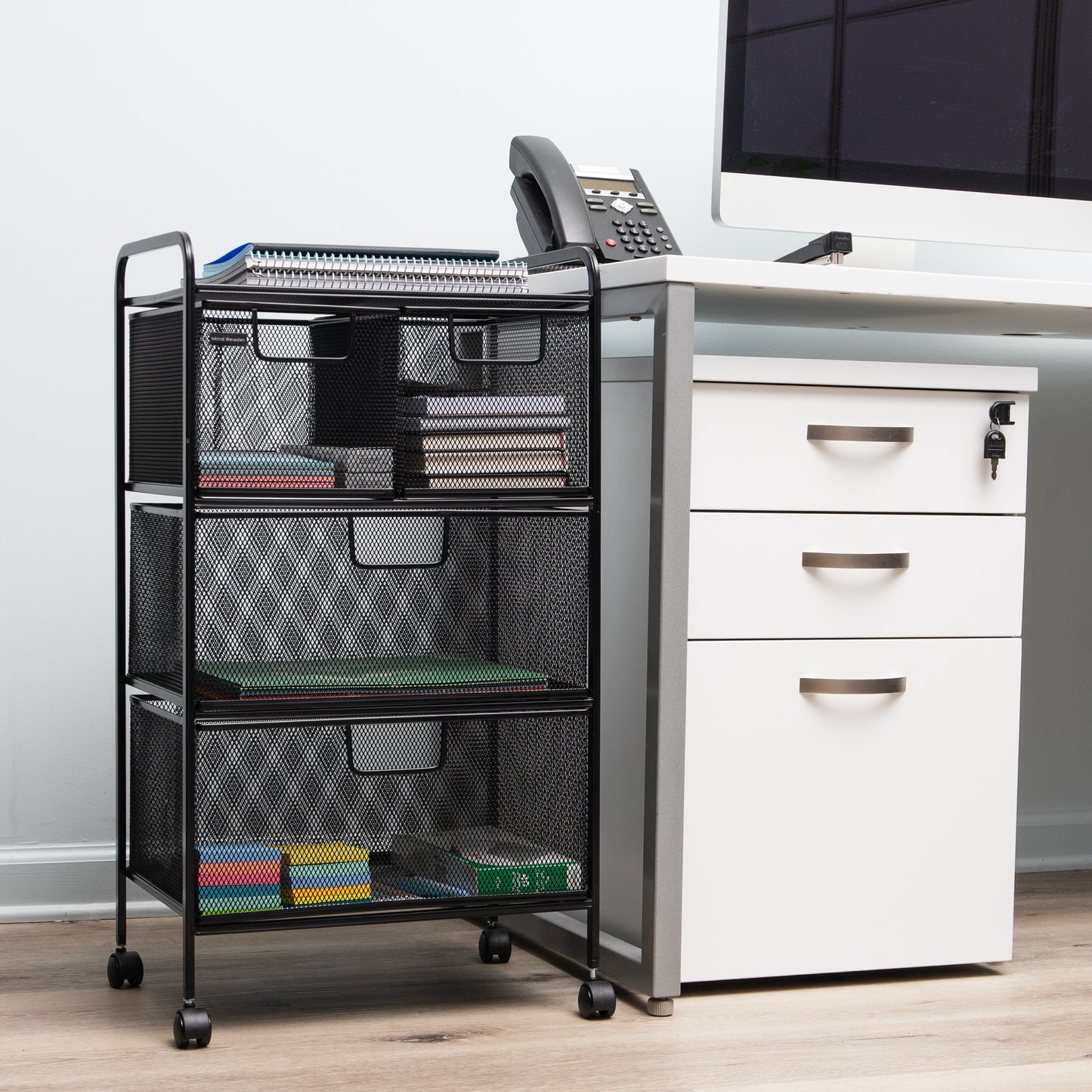Mind Reader Cart with Drawers, Multipurpose Office Organizer, Utility Cart, Rolling Storage, Metal Mesh, Black