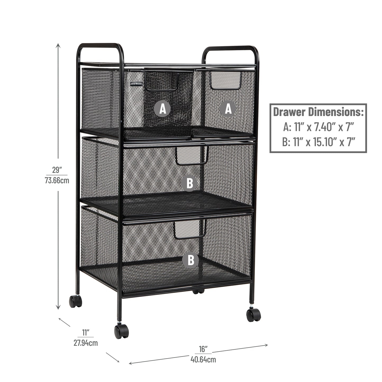 Mind Reader Cart with Drawers, Laundry Organizer, Utility Cart, Bathroom, Kitchen, Metal Mesh, Black