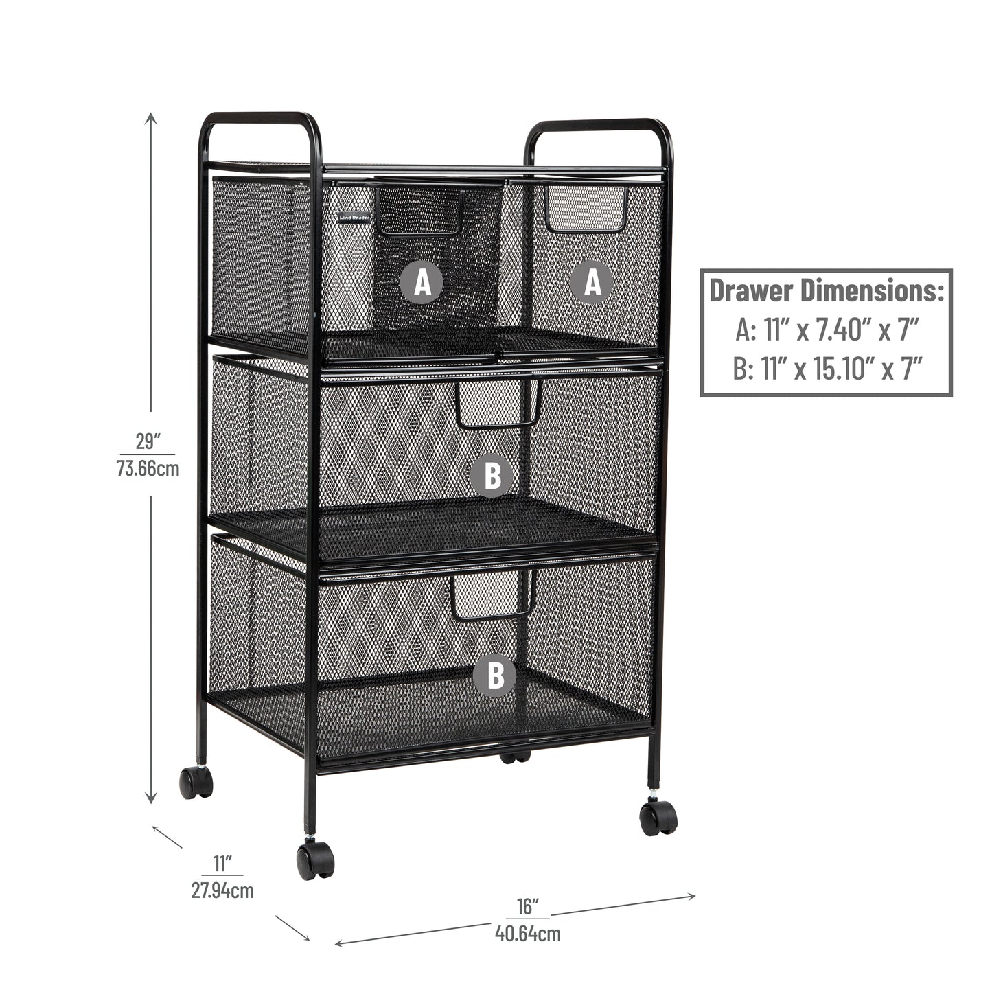 Mind Reader Cart with Drawers, Multipurpose Office Organizer, Utility Cart, Rolling Storage, Metal Mesh, Black