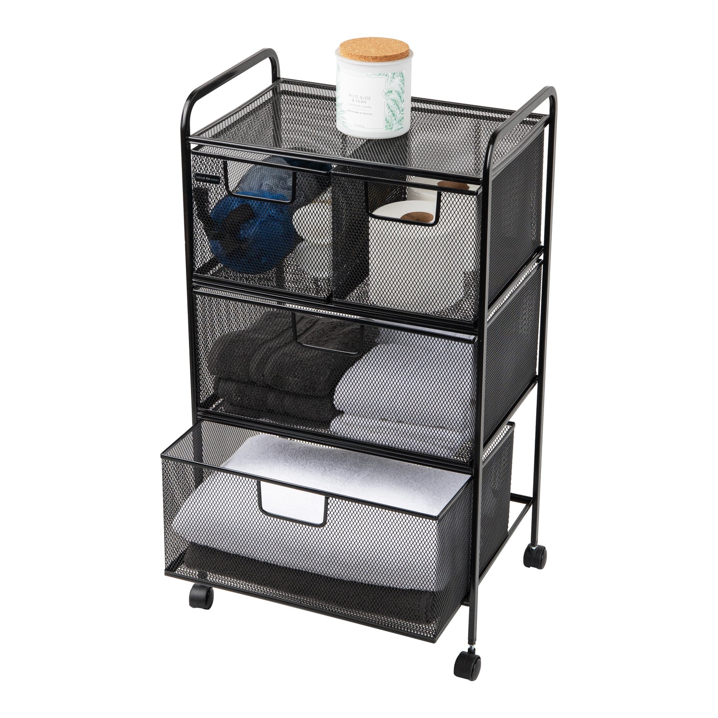 Mind Reader Cart with Drawers, Laundry Organizer, Utility Cart, Bathroom, Kitchen, Metal Mesh, Black